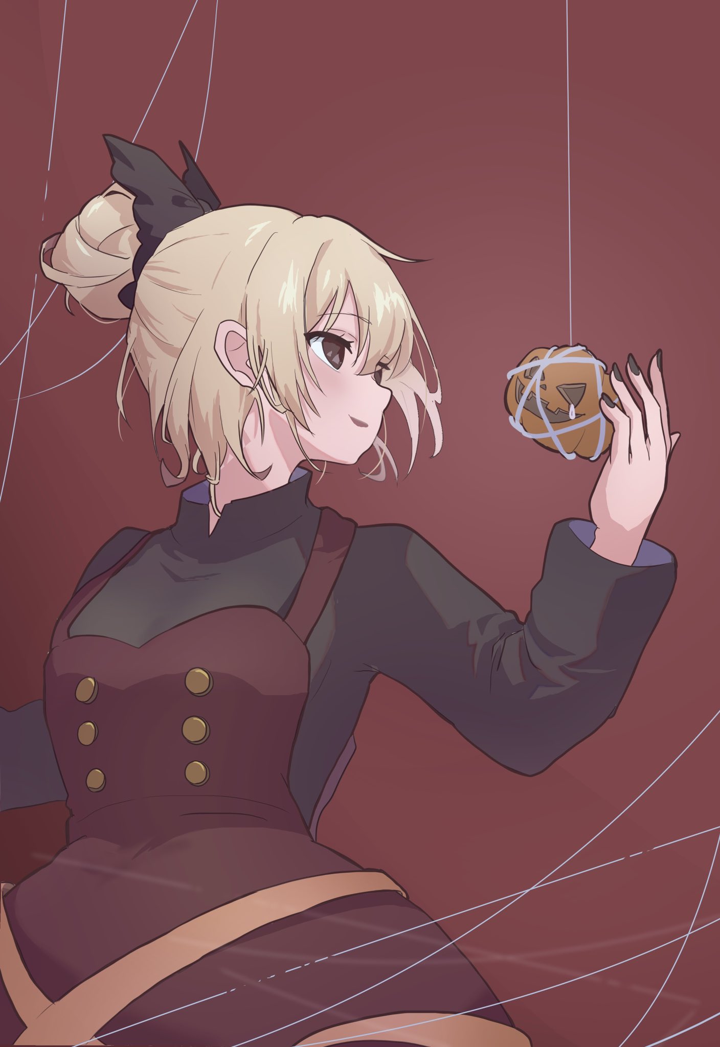 1girl, blonde_hair, bow, brown_bow, brown_dress, brown_eyes, brown_nails, commentary