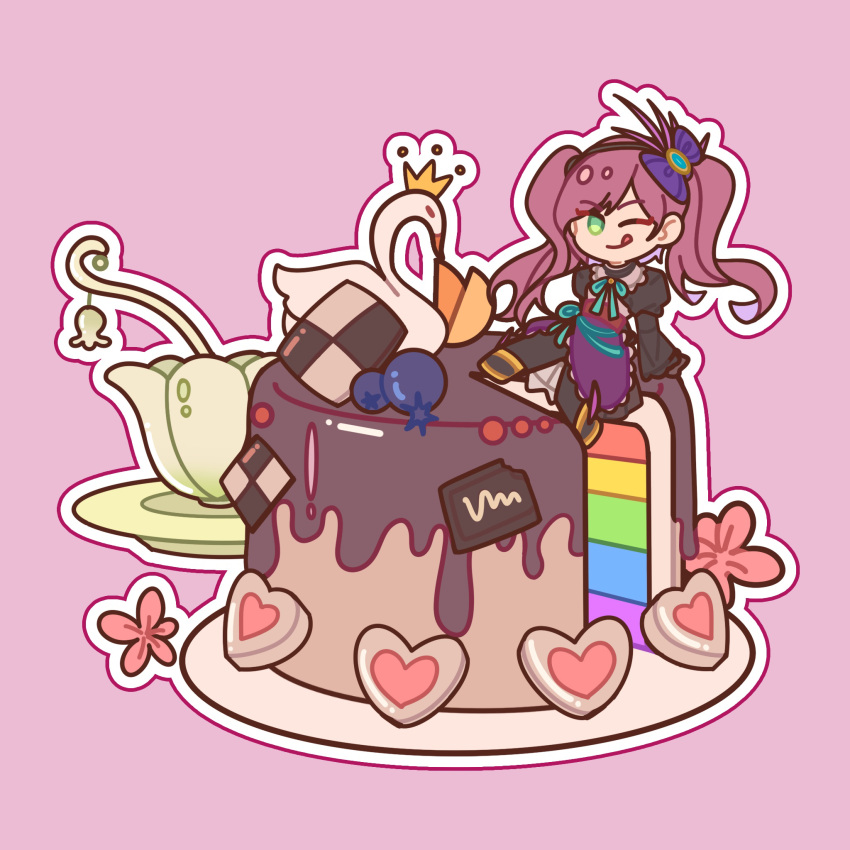 1girl, :q, black_dress, black_pantyhose, bow, cake, chibi, chibi_only