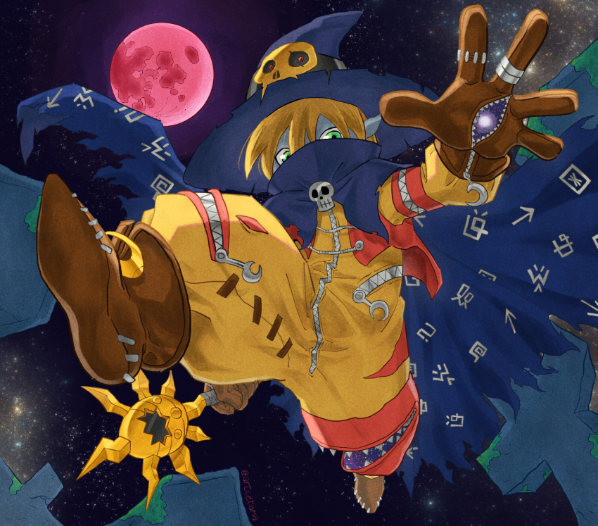 1boy, artcetona, blonde_hair, blue_cape, blue_hat, blue_skin, boots, brown_footwear, cape, colored_skin, covered_mouth, digimon, digimon_(creature), full_moon, hat, highres, holding, holding_staff, male_focus, moon, night, red_moon, solo, staff, wizarmon, zipper_pull_tab