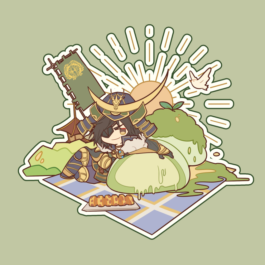 1boy, armor, bird, brown_eyes, brown_hair, chibi, chibi_only, date_masamune_(sengoku_musou), eyepatch, food, green_background, helmet, highres, hoshi_take33, japanese_armor, kabuto_(helmet), looking_at_viewer, male_focus, mochi, oversized_food, oversized_object, sengoku_musou, short_hair, simple_background, smirk, solo, v-shaped_eyebrows