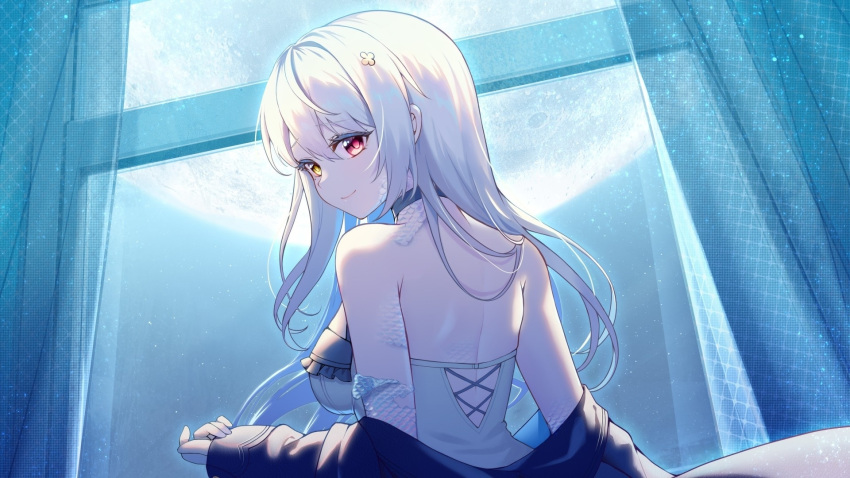 1girl, bare_shoulders, breasts, choker, closed_mouth, curtains, dress, from_behind