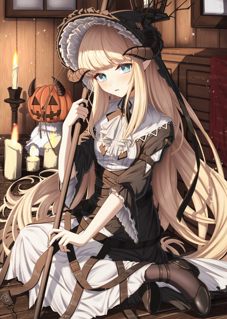 1girl, aqua_eyes, arknights, ascot, belt, black_dress, black_ribbon, blonde_hair, blunt_bangs, blush, bonnet, candle, candlestand, chin_strap, commentary, demon_horns, doll, dress, fingernails, frilled_hat, frilled_sleeves, frills, full_body, hat, holding, holding_staff, horns, horns_through_headwear, long_hair, multiple_belts, nail_polish, nightingale_(an_elegy)_(arknights), nightingale_(arknights), official_alternate_costume, on_floor, parted_lips, pumpkin_head, ribbon, shironekoban, shoes, sitting, solo, staff, twitter_username, very_long_hair, white_ascot, wide_sleeves, yellow_pupils, yokozuwari