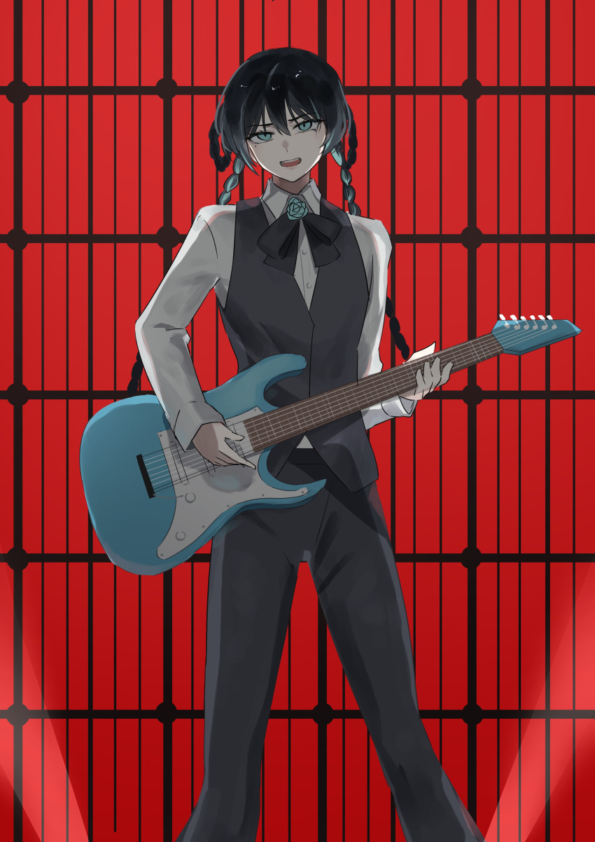 1girl, absurdres, ado_(utaite), ado_box, black_bow, black_bowtie, black_hair, black_pants