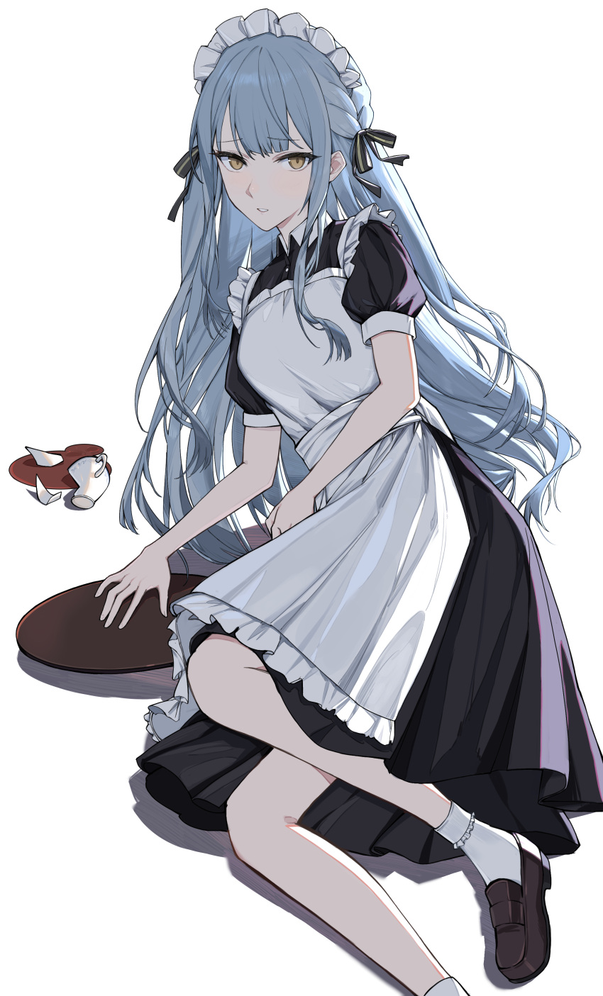 1girl, absurdres, apron, bang_dream!, bang_dream!_it's_mygo!!!!!, black_dress, black_ribbon, blue_hair, braid, broken_cup, brown_footwear, commentary, dress, english_commentary, frilled_apron, frills, hair_ribbon, haizou_bingsan, highres, loafers, long_hair, looking_at_viewer, maid, maid_apron, open_mouth, puffy_short_sleeves, puffy_sleeves, ribbon, shoes, short_sleeves, sidelocks, simple_background, socks, solo, togawa_sakiko, tray, white_apron, white_background, white_socks, yellow_eyes