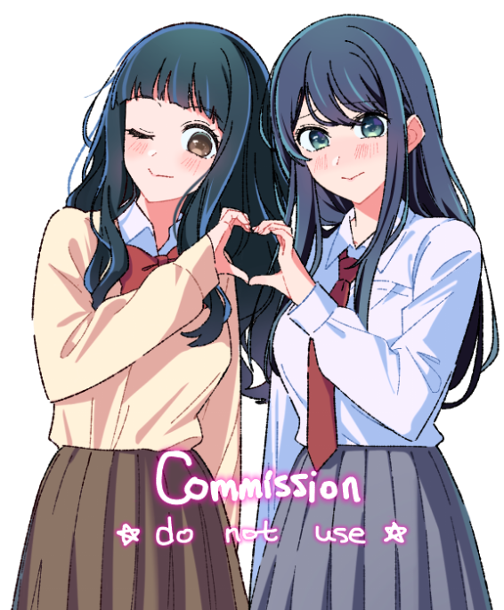 2girls, ;), black_hair, blush, bow, bowtie, brown_necktie, brown_skirt