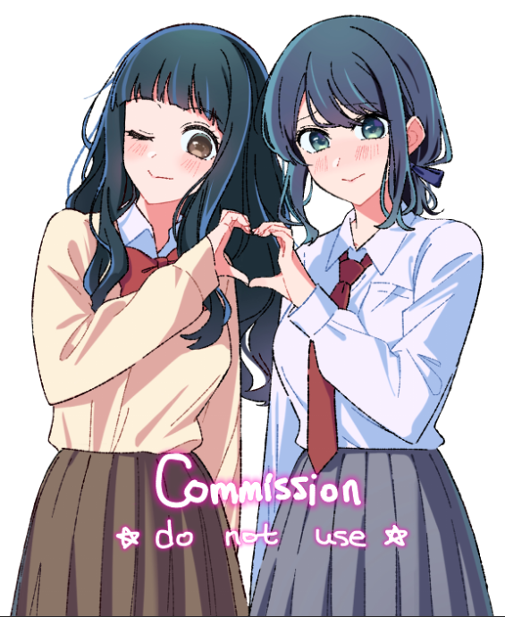2girls, ;), black_hair, black_ribbon, blush, bow, bowtie, brown_necktie