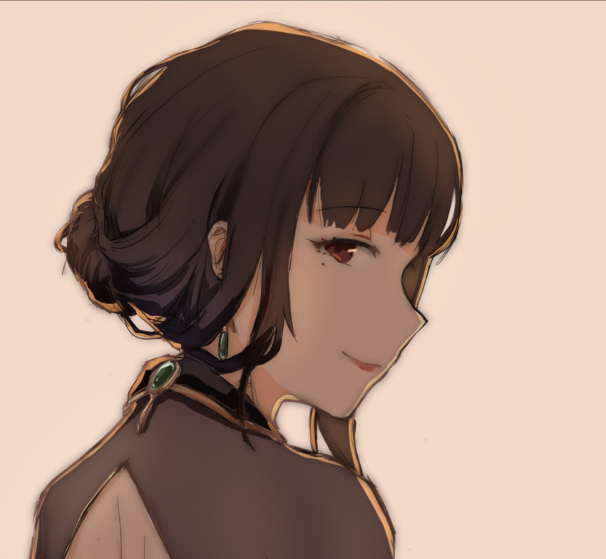 1girl, 2fw16, black_hair, brown_eyes, brown_hair, closed_mouth, dress, earrings, from_behind, highres, jewelry, looking_at_viewer, looking_back, mole, mole_under_eye, red_eyes, simple_background, smile, solo, warship_girls_r, white_background, yat_sen_(warship_girls_r)