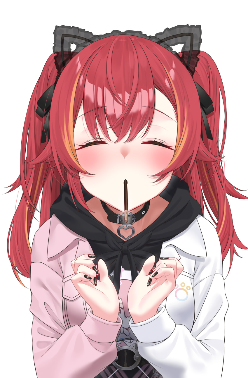 1girl, absurdres, belt_collar, black_hoodie, black_nails, blush, closed_eyes, collar