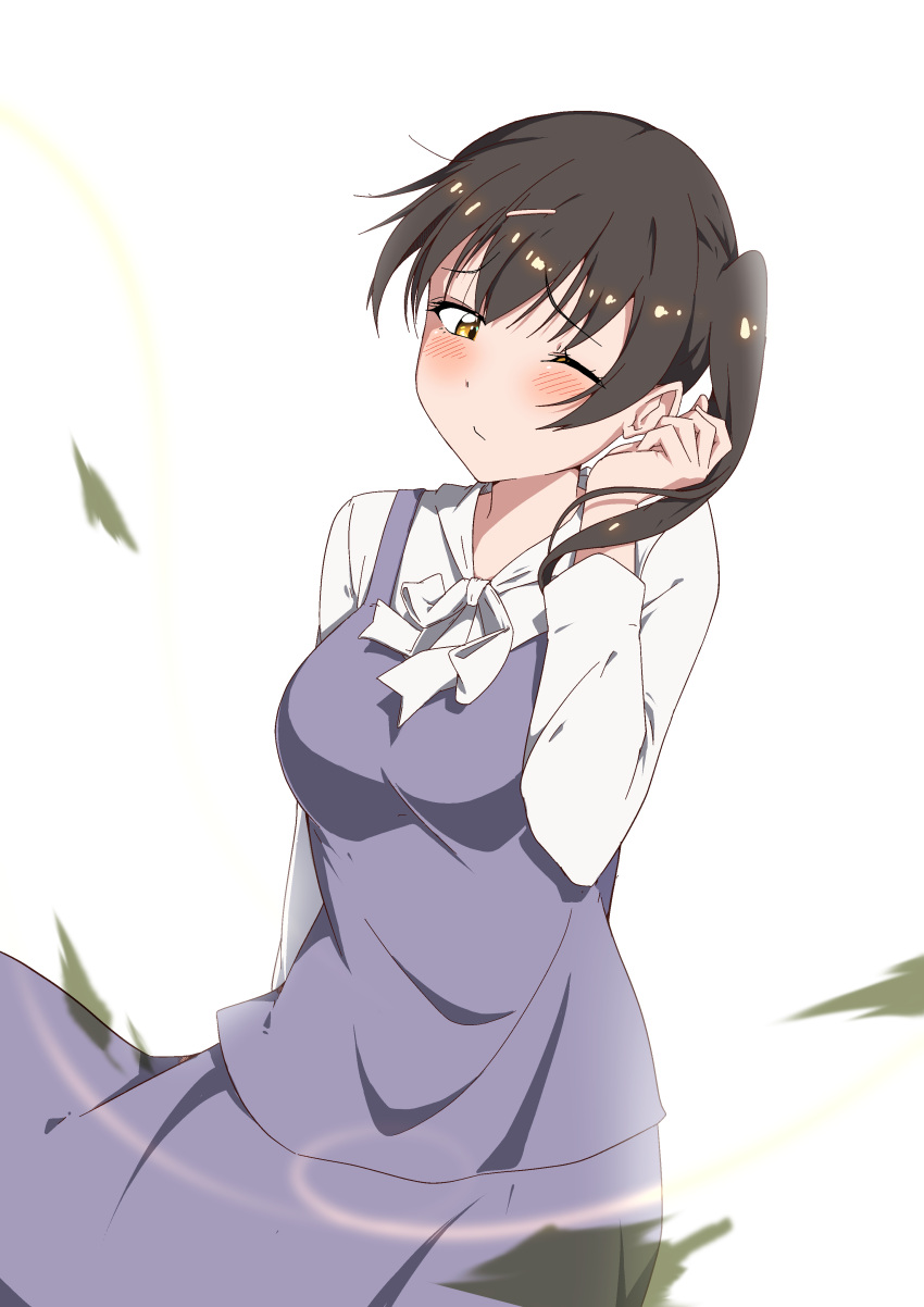 1girl, absurdres, akamine_ten, black_hair, blush, breasts, dress, hand_up, highres, large_breasts, leaf, love_live!, love_live!_nijigasaki_high_school_idol_club, love_live!_nijigasaki_high_school_idol_club_kanketsu-hen, one_eye_closed, one_side_up, purple_dress, white_background, wind, yellow_eyes, zasshoku_ojisan