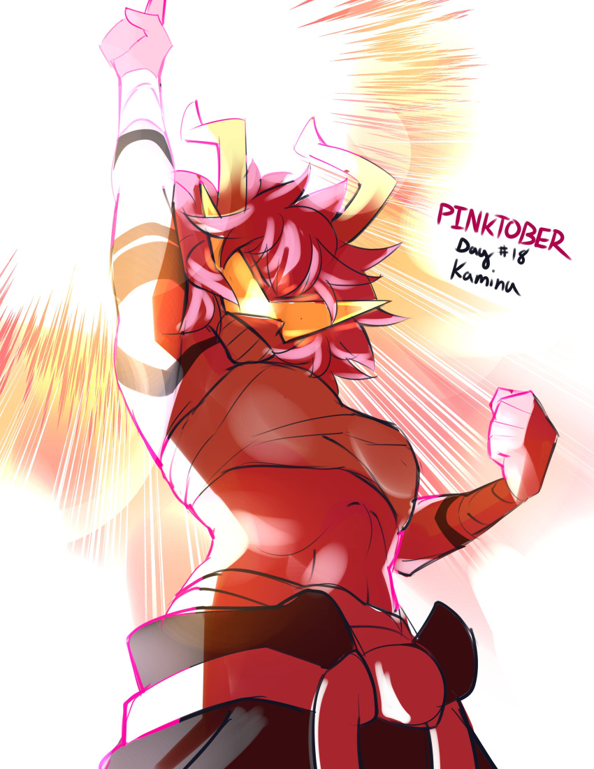 1girl, absurdres, antlers, arm_up, ashido_mina, boku_no_hero_academia, breasts, colored_skin