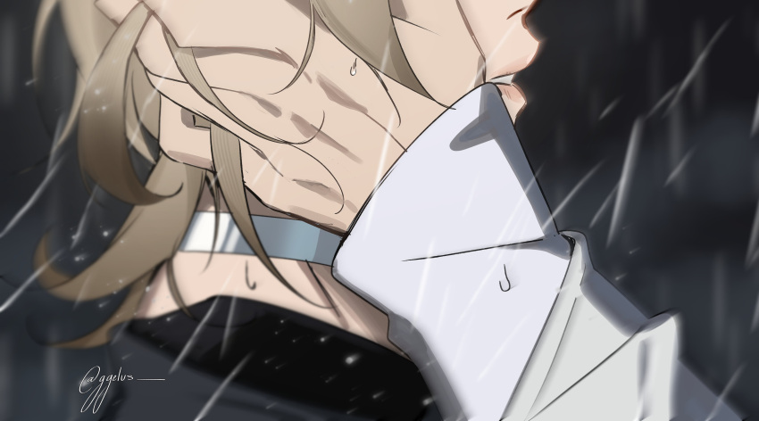 2boys, absurdres, alhaitham_(genshin_impact), alien_stage, black_shirt, blonde_hair, commentary, cosplay