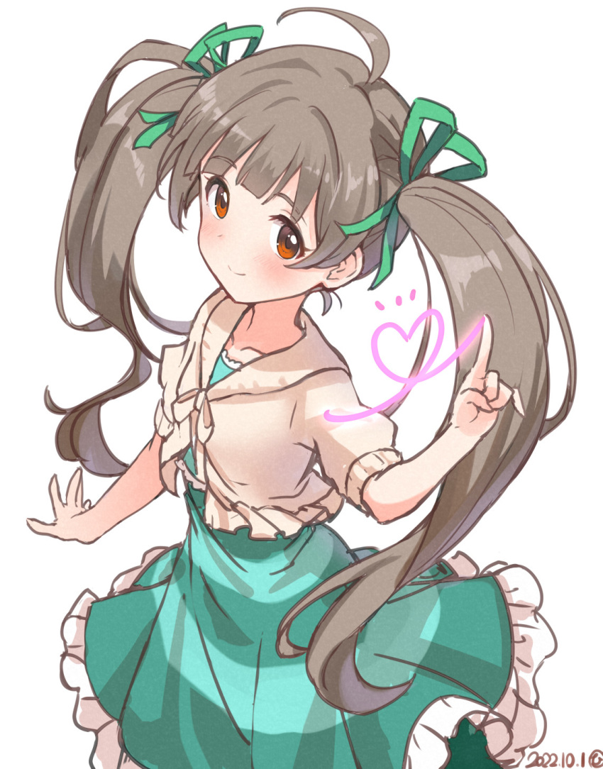 1girl, ahoge, blush, bow, breasts, brown_eyes, brown_hair, closed_mouth