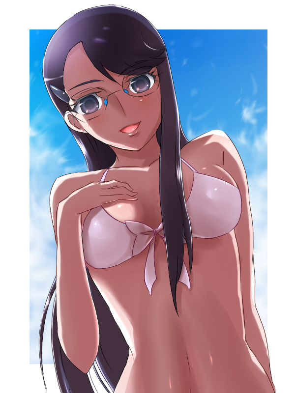 bikini, blue_eyes, bust, front-tie_top, glasses, heartcatch_precure!, heartcatch_pretty_cure!, long_hair