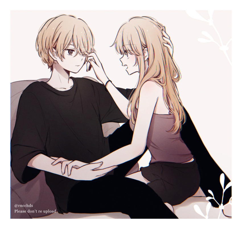 1boy, 1girl, black_eyes, black_pants, black_shirt, black_wristband, blonde_hair, breasts, brother_and_sister, camisole, closed_mouth, commentary_request, cushion, dolphin_shorts, eyes_visible_through_hair, hair_over_one_eye, hand_in_another's_hair, hand_on_another's_head, highres, holding_another's_arm, hoshino_aquamarine, hoshino_ruby, knee_up, long_bangs, long_hair, looking_at_another, one_eye_covered, open_mouth, oshi_no_ko, pants, profile, purple_camisole, reclining, rncchds, shirt, short_hair, short_sleeves, shorts, siblings, sitting, star-shaped_pupils, star_(symbol), swept_bangs, symbol-shaped_pupils, teeth, twins, twitter_username, upper_teeth_only, user_acjw5454, wariza