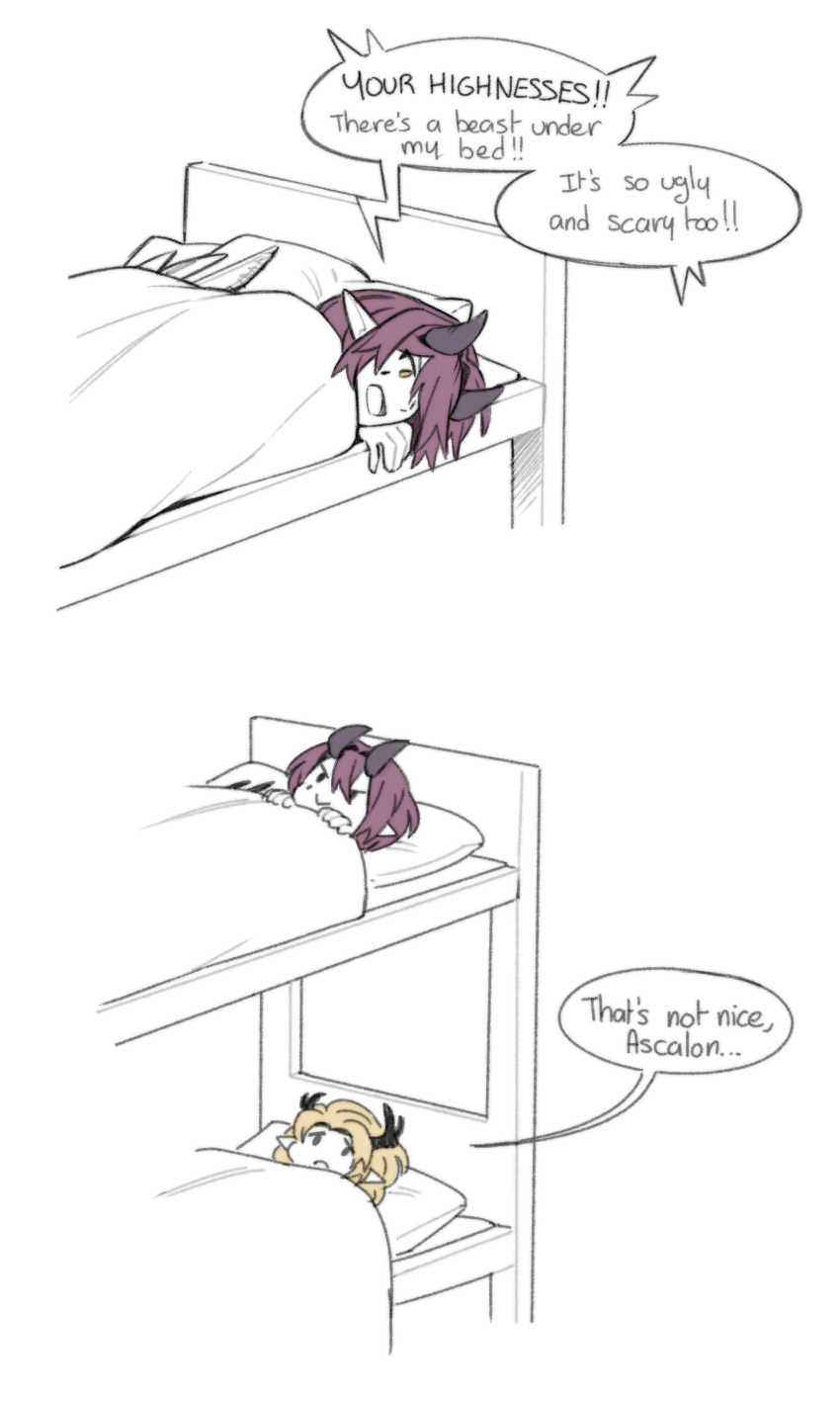 1boy, 1girl, absurdres, arkiwi, arknights, ascalon_(arknights), bed, bed_sheet
