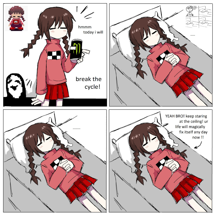 1girl, 1other, =_=, absurdres, bed, braid, can, comic_panel_inset