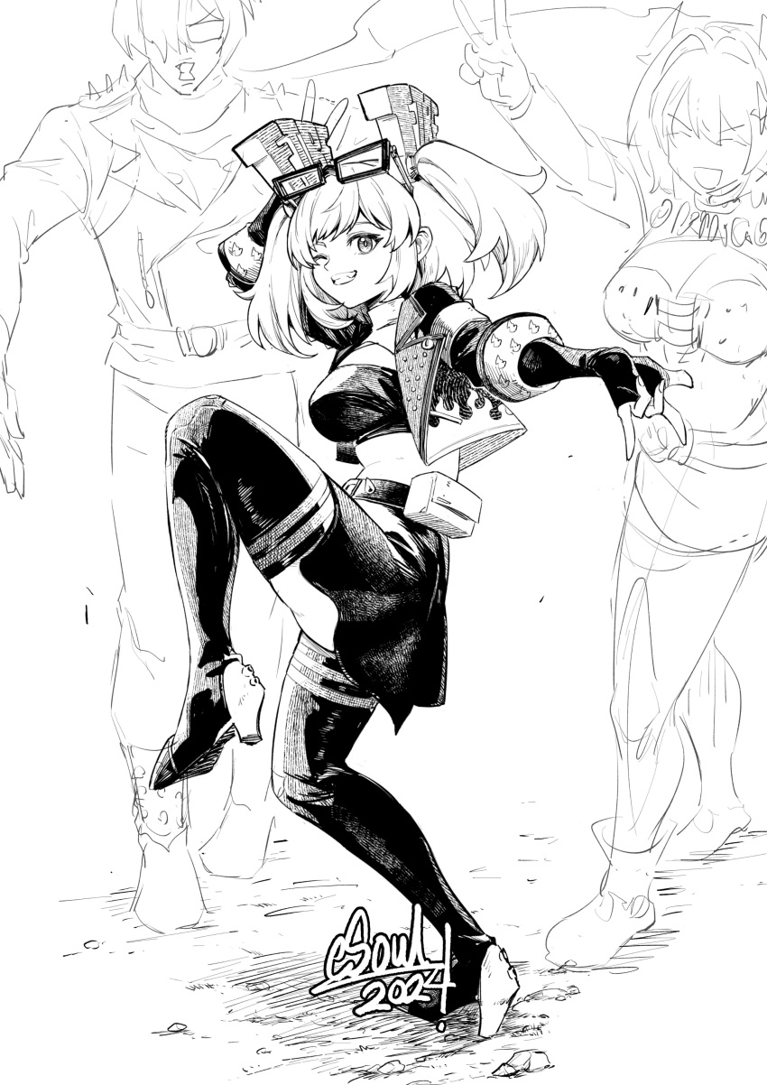 1boy, 2girls, absurdres, black_jacket, black_tube_top, boots, burnice_white, caesar_king_(zenless_zone_zero)