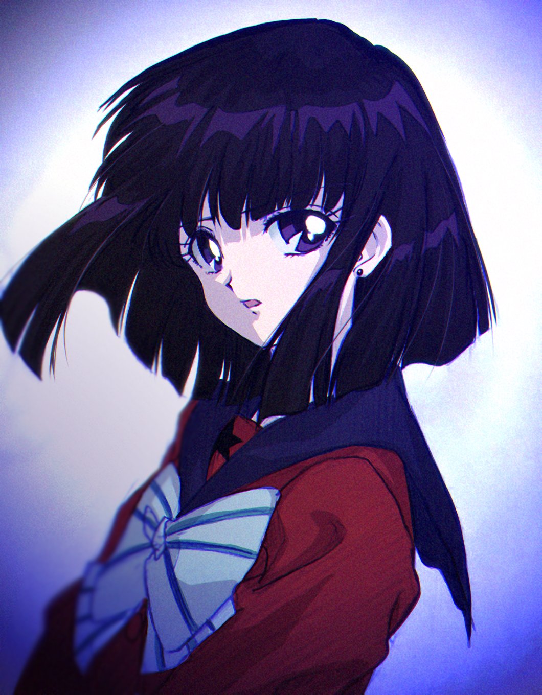 1girl, bishoujo_senshi_sailor_moon, black_hair, bow, earrings, highres, jewelry, looking_at_viewer, parted_lips, purple_sailor_collar, red_shirt, sailor_collar, shirt, short_hair, solo, spot_color, striped_bow, stud_earrings, tomoe_hotaru, tsukikiba_ron, violet_eyes, white_bow