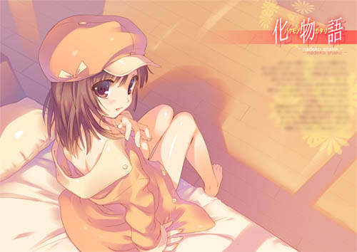 bakemonogatari, barefoot, bed, brown_eyes, brown_hair, cabbie_hat, character_request, hat
