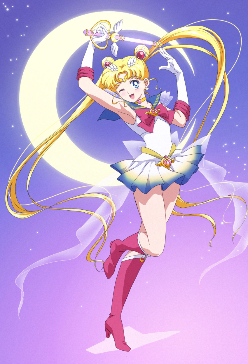 1girl, back_bow, bishoujo_senshi_sailor_moon, blonde_hair, blue_eyes, blue_sailor_collar, blush, boots