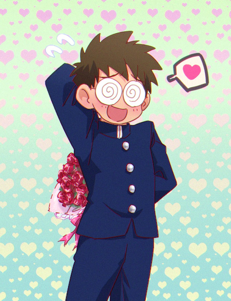 1boy, arm_behind_back, arm_behind_head, bishoujo_senshi_sailor_moon, blush, bouquet, brown_hair, coke-bottle_glasses