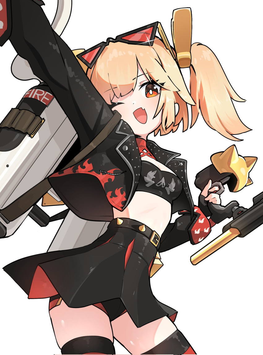 1girl, black_gloves, black_jacket, black_skirt, black_thighhighs, black_tube_top, blonde_hair, breasts, burnice_white, crop_top, eyewear_on_head, fang, fingerless_gloves, flamethrower, gloves, highres, holding_flamethrower, jacket, large_breasts, leather, leather_jacket, looking_at_viewer, miniskirt, nes_i7, open_mouth, propane_tank, red-tinted_eyewear, red_eyes, skin_fang, skirt, solo, spiked_belt, spiked_jacket, strapless, sunglasses, thigh-highs, tinted_eyewear, tube_top, twintails, weapon, white_background, zenless_zone_zero