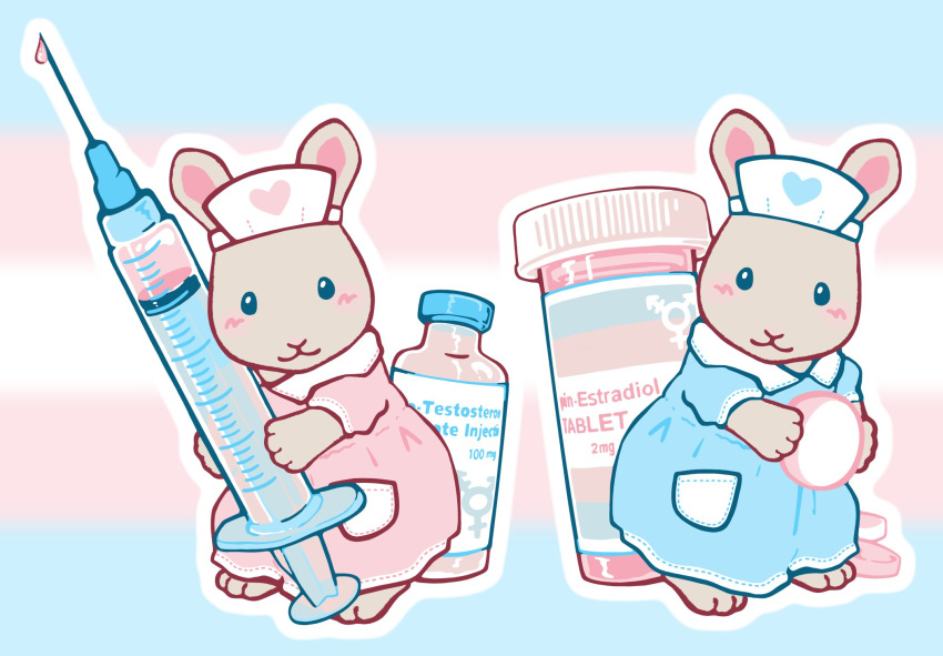 :3, animal, animal_focus, blue_dress, blush, bottle, clothed_animal, commentary