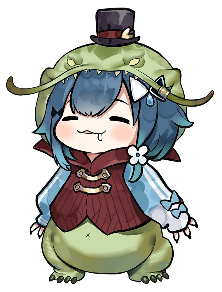 1girl, black_hat, blue_hair, blue_jacket, blush, brown_vest, capriccio, chibi