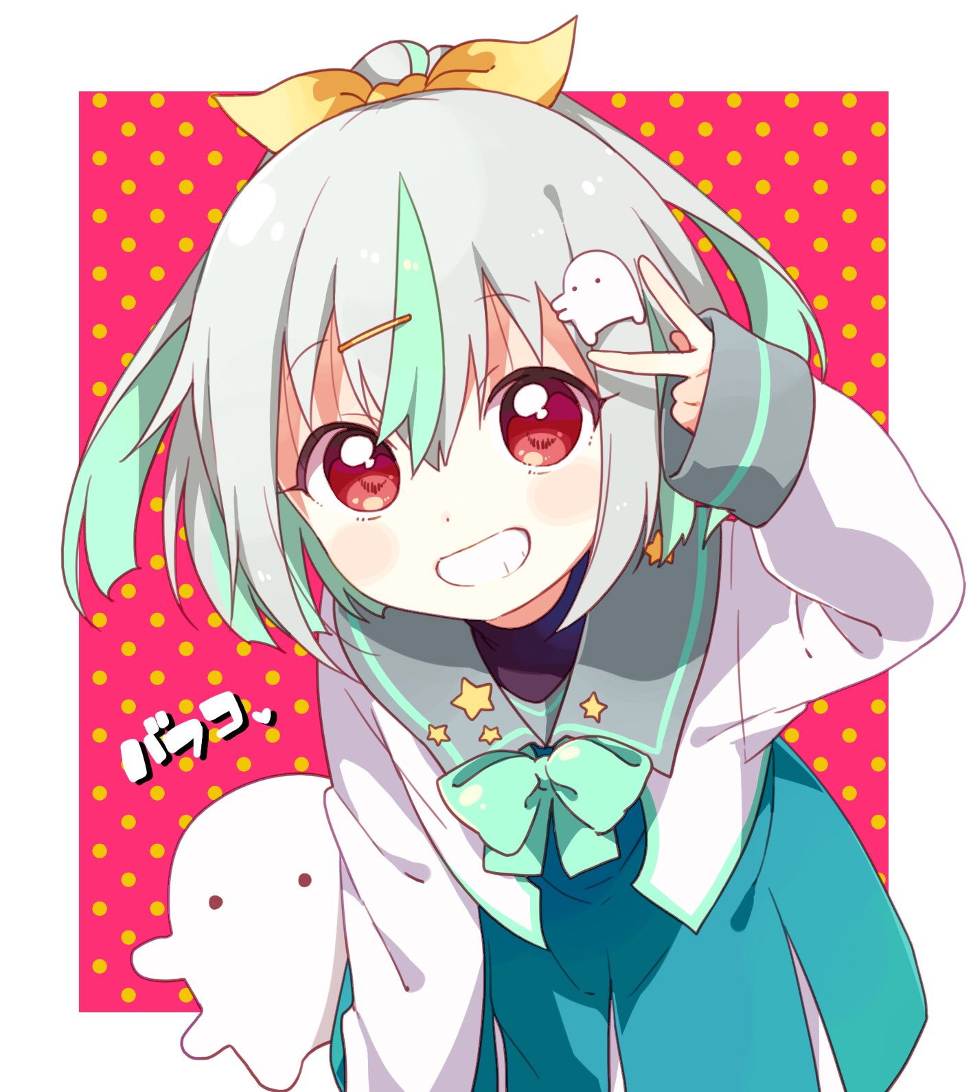 1girl, aqua_bow, aqua_bowtie, aqua_hair, aqua_skirt, bafuko_(vtuber), black_undershirt, border