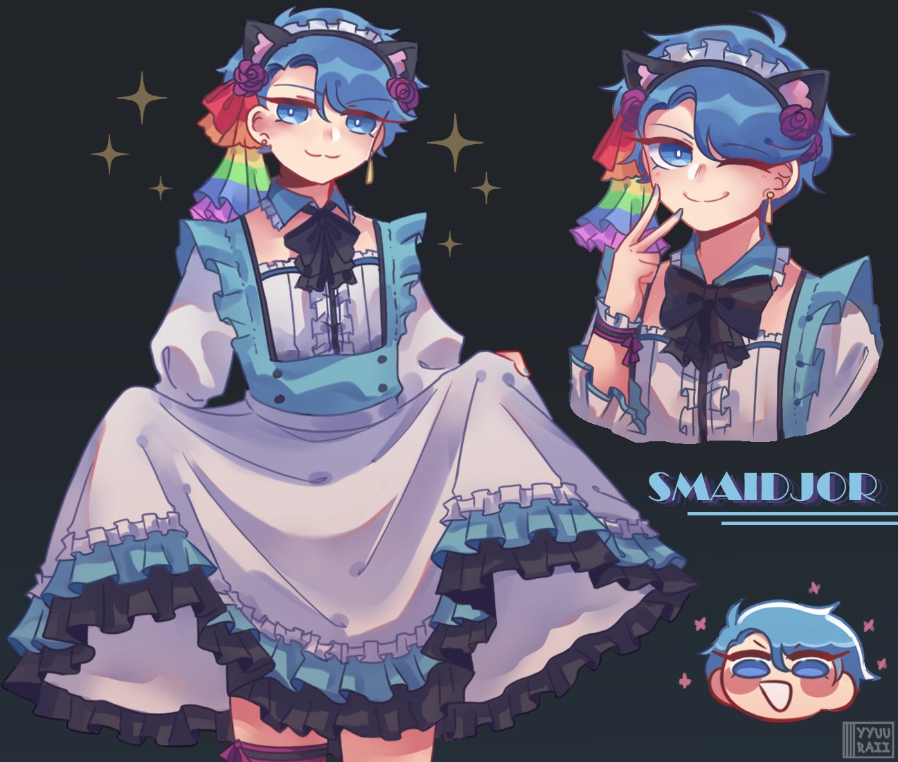 1boy, :3, alternate_costume, animal_ears, aqua_background, ascot, black_ascot, blue_dress