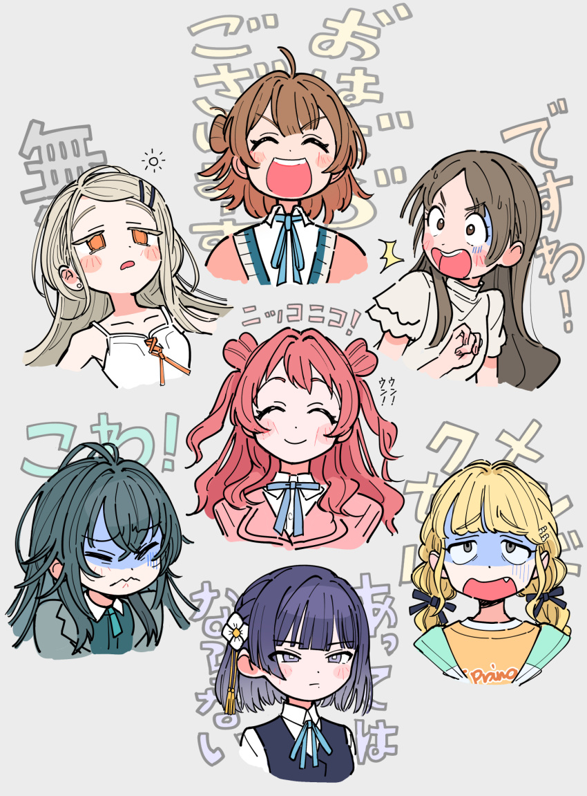 6+girls, ^_^, blonde_hair, blue_ribbon, blush, brown_hair, closed_eyes, collarbone