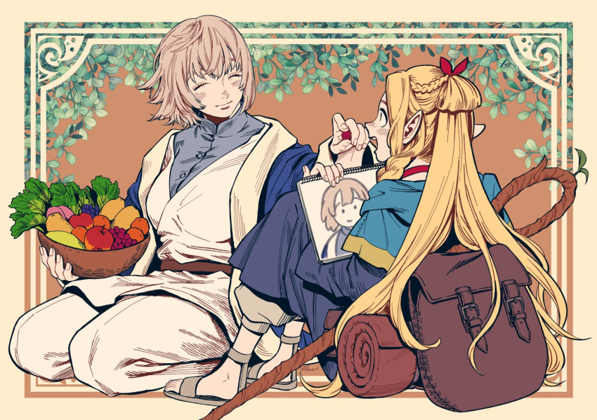 2girls, :d, ^_^, ambrosia_(dungeon_meshi), apple, backpack, bag, baggy_pants