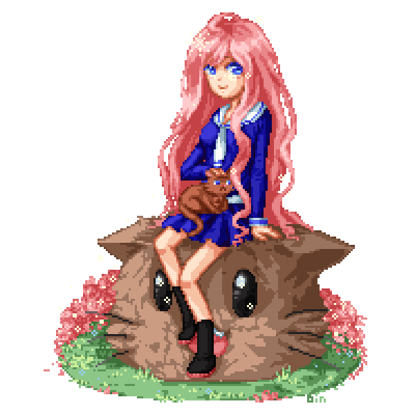 1girl, animal, binoftrash, black_footwear, blue_eyes, blue_serafuku, blue_shirt, blue_skirt, boots, cat, commentary, english_commentary, full_body, grass, ldshadowlady, long_hair, minecraft_youtube, petting, pink_hair, pixel_art, school_uniform, serafuku, shirt, simple_background, sitting, skirt, smile, solo, transparent_background, very_long_hair