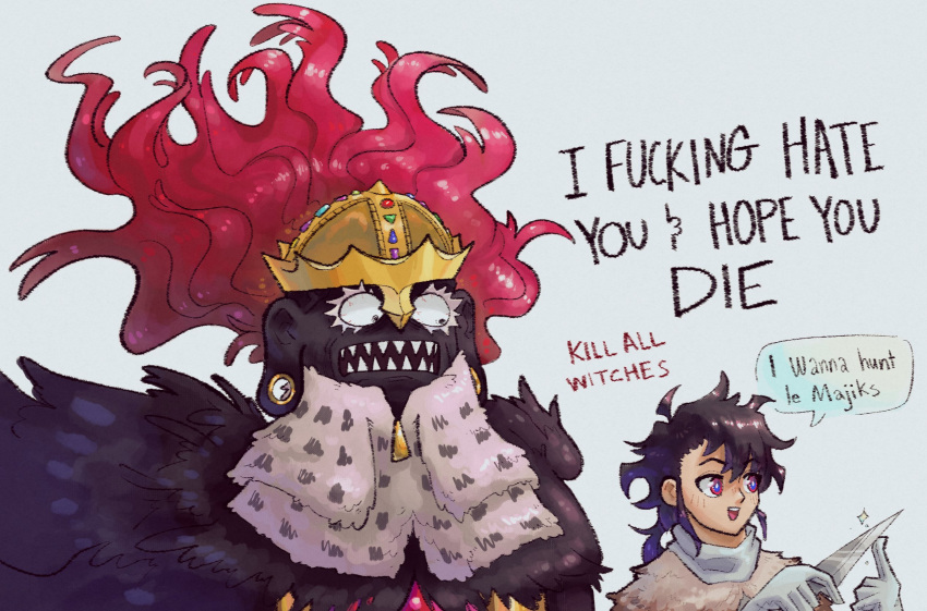 1boy, black_feathers, black_hair, crown, dagger, earrings, english_text, feathers