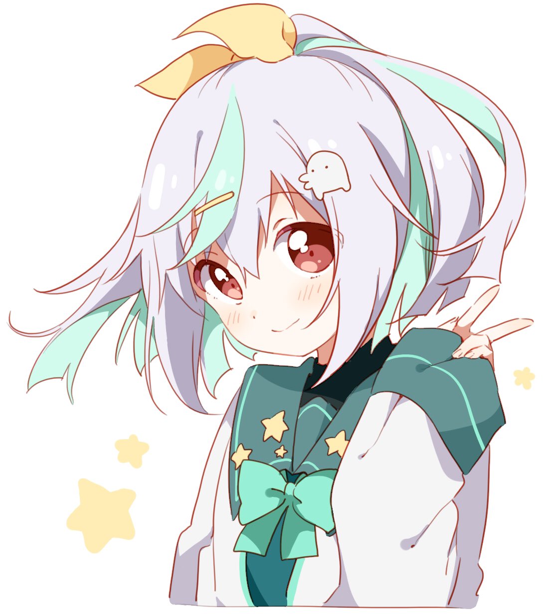 1girl, aqua_bow, aqua_bowtie, aqua_hair, bafuko_(vtuber), black_undershirt, blush, bow