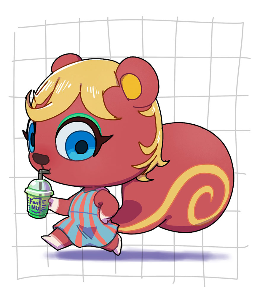 1girl, animal_crossing, animal_ears, blonde_hair, blue_dress, blue_eyes, caroline_(animal_crossing), chibi, chibi_only, commentary_request, cup, dress, drink, eyelashes, eyeshadow, from_side, furry, furry_female, green_eyeshadow, grid_background, holding, holding_cup, kopa_nishikida, looking_at_viewer, makeup, orange_fur, short_hair, solo, squirrel_ears, squirrel_tail, striped_clothes, striped_dress, tail, vertical-striped_clothes, vertical-striped_dress, walking