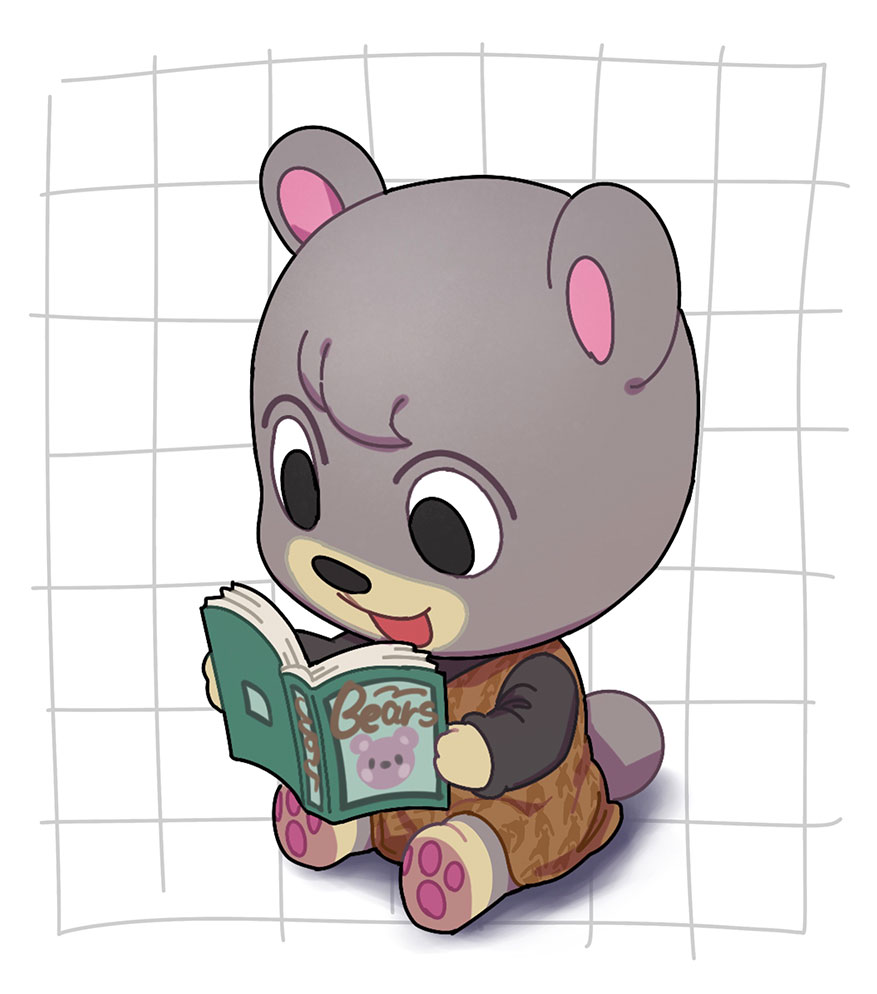 1girl, animal_crossing, animal_ears, animal_feet, bear_ears, bear_girl, bear_tail, black_eyes, book, brown_dress, chibi, chibi_only, commentary_request, dress, furry, furry_female, grid_background, holding, holding_book, kopa_nishikida, olive_(animal_crossing), open_mouth, pawpads, reading, sitting, smile, solo, tail, variant_set