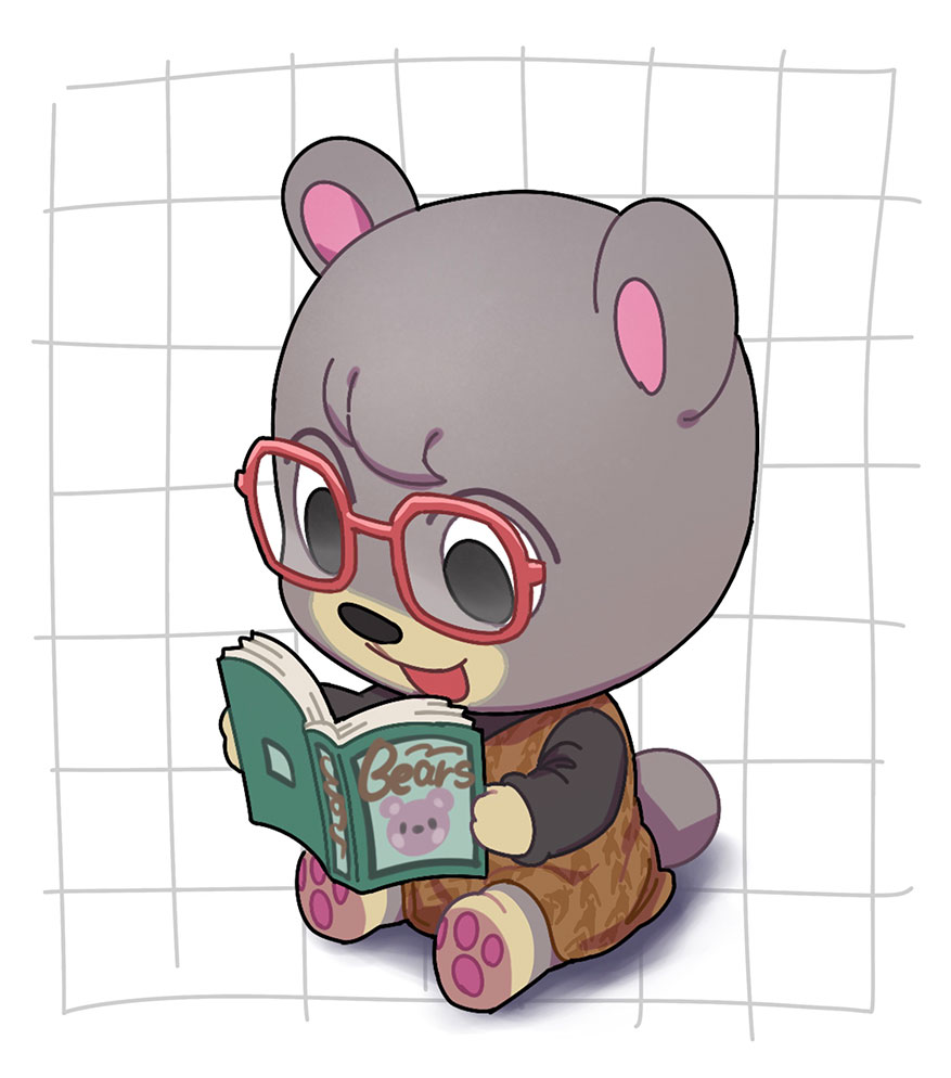 1girl, animal_crossing, animal_ears, animal_feet, bear_ears, bear_girl, bear_tail, black_eyes, book, brown_dress, chibi, chibi_only, commentary_request, dress, furry, furry_female, glasses, grid_background, holding, holding_book, kopa_nishikida, olive_(animal_crossing), open_mouth, pawpads, reading, red-framed_eyewear, sitting, smile, solo, tail, variant_set