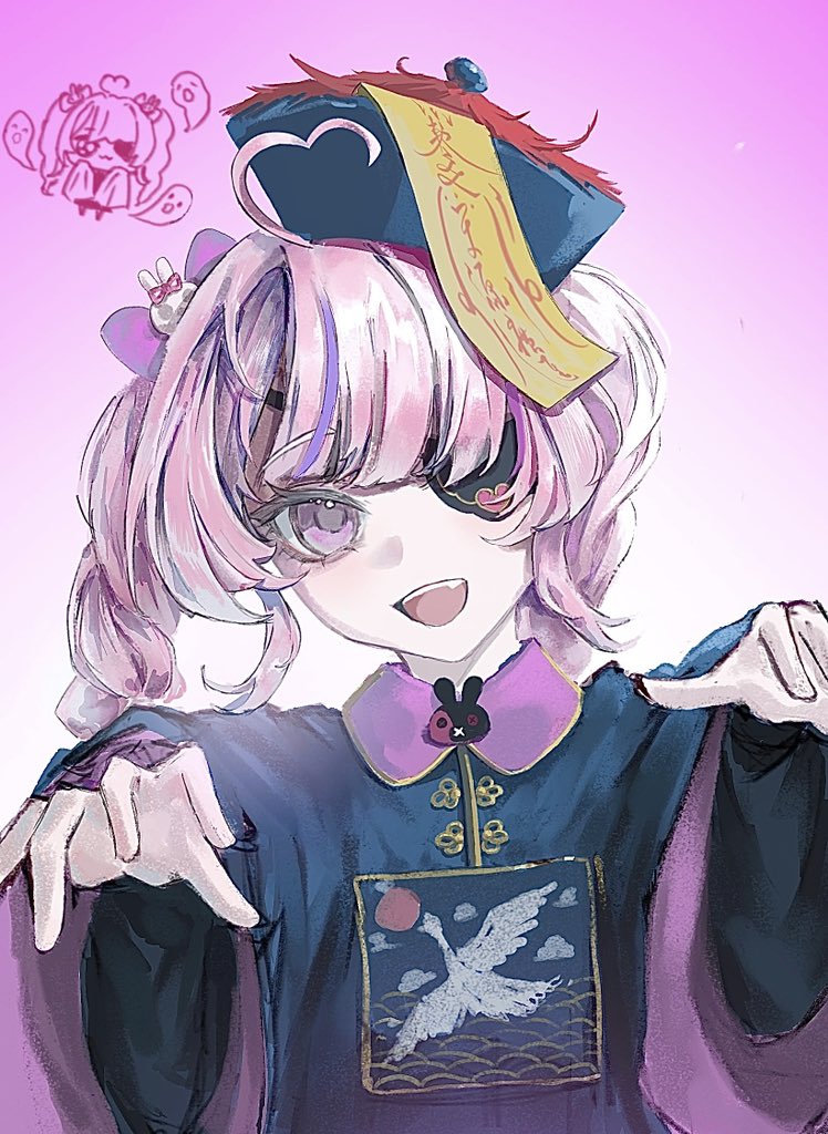 1girl, ahoge, bow, eyepatch, fang, gradient_background, hair_bow, hat, heart, heart_ahoge, jiangshi, looking_at_viewer, maria_marionette, multicolored_hair, nijisanji, nijisanji_en, ofuda, ofuda_on_head, open_mouth, outstretched_arms, pink_background, pink_eyes, pink_hair, pipixiu77, qingdai_guanmao, side_ponytail, solo, streaked_hair, virtual_youtuber