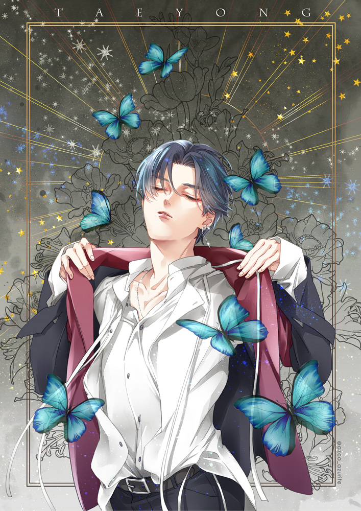1boy, azco_azconia, belt, black_jacket, black_pants, blue_butterfly, bug, butterfly