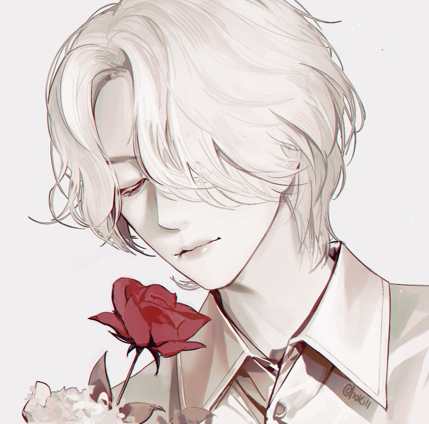1boy, close-up, closed_mouth, collared_shirt, flower, hair_over_one_eye, highres, hoki11, holding, holding_flower, jeonghan_(seventeen), k-pop, male_focus, real_life, red_flower, red_rose, rose, seventeen_(group), shirt, short_hair, simple_background, solo, twitter_username, white_background, white_hair, white_shirt