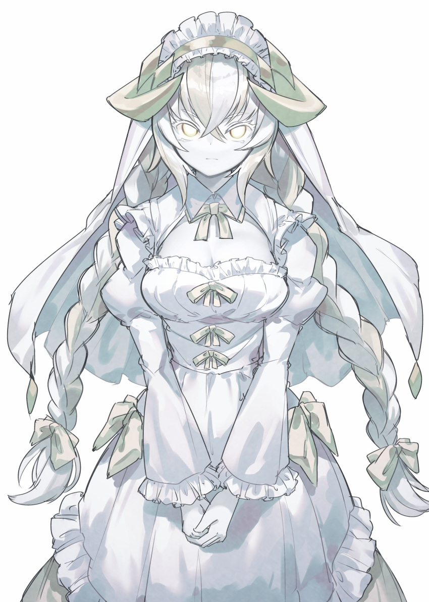 1girl, absurdres, apron, blonde_hair, braid, breasts, coif, colored_skin
