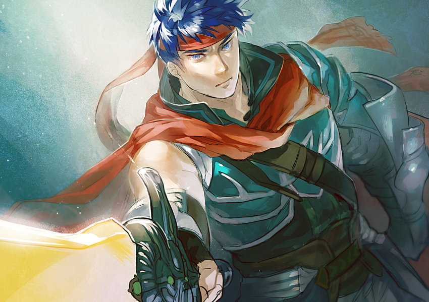1boy, armor, blue_eyes, blue_hair, cape, commentary_request, dutch_angle, fire_emblem