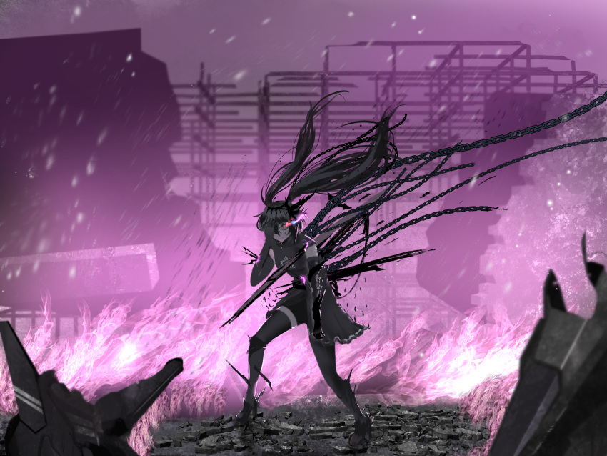 1girl, absurdres, black_rock_shooter, black_rock_shooter_(character), blood, chain, dress, flaming_eye