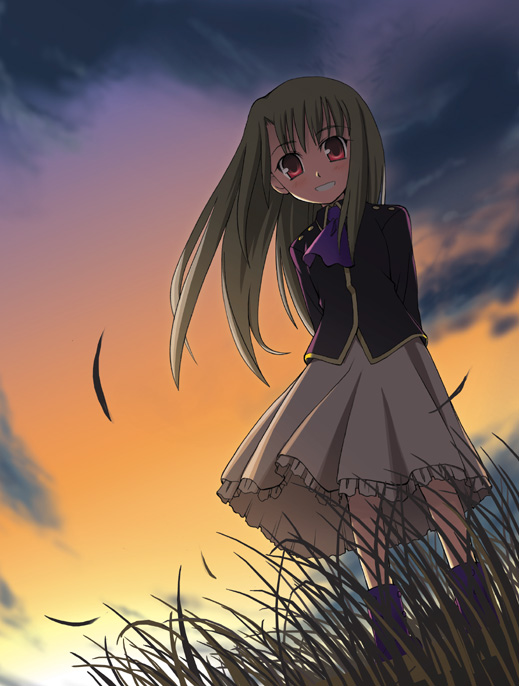 fate/stay_night, fate_(series), flat_chest, grass, illyasviel_von_einzbern, kaze_shibuki, long_hair, red_eyes