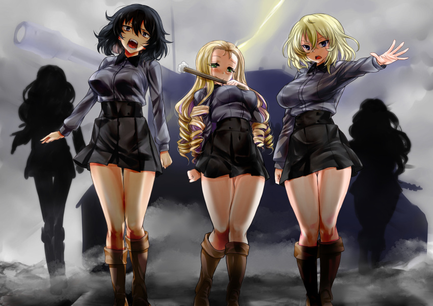 5girls, absurdres, alternate_costume, andou_(girls_und_panzer), black_hair, blonde_hair, blue_eyes, breasts, brown_eyes, collared_shirt, commission, dark-skinned_female, dark_skin, girls_und_panzer, green_eyes, grey_shirt, hand_fan, highres, holding, holding_fan, isabe_(girls_und_panzer), kuromorimine_school_uniform, large_breasts, long_hair, long_sleeves, marie_(girls_und_panzer), military_vehicle, motor_vehicle, multiple_girls, nabeyu, oshida_(girls_und_panzer), pixiv_commission, school_uniform, shirt, short_hair, sofue_(girls_und_panzer), tank, thighs