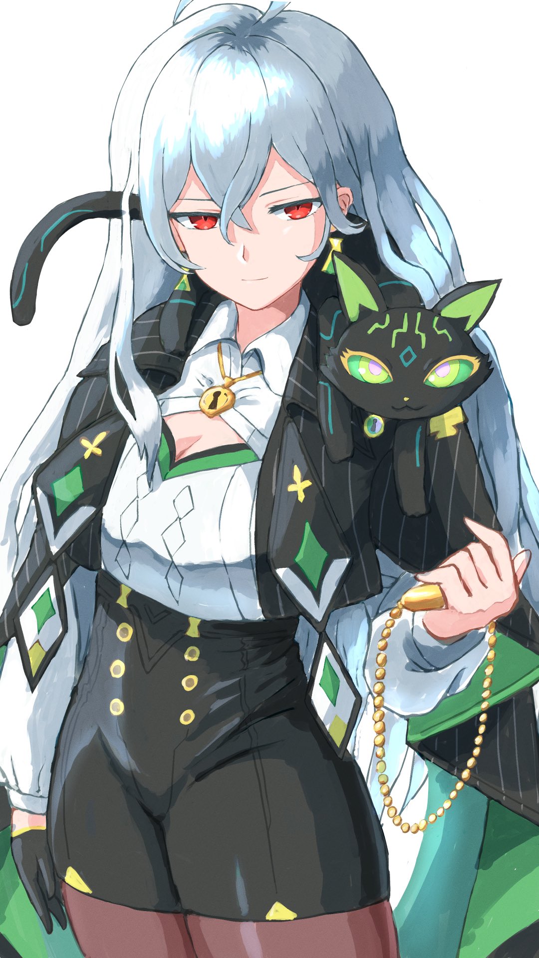 1girl, black_gloves, cat, cleavage_cutout, clothing_cutout, coat, coat_on_shoulders, doomsday_(monster_strike)