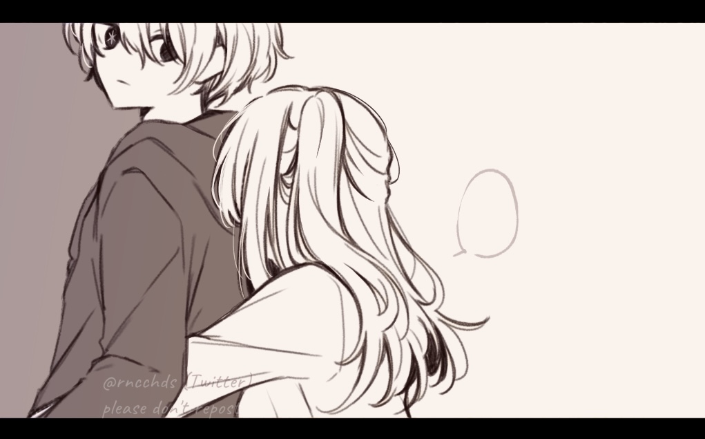 artist_name, brother_and_sister, closed_mouth, greyscale, hair_between_eyes, hood, hood_down, hoodie