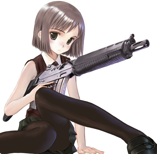 blush, bob_cut, brown_eyes, brown_hair, flat_chest, grey_eyes, gun, gunslinger_girl