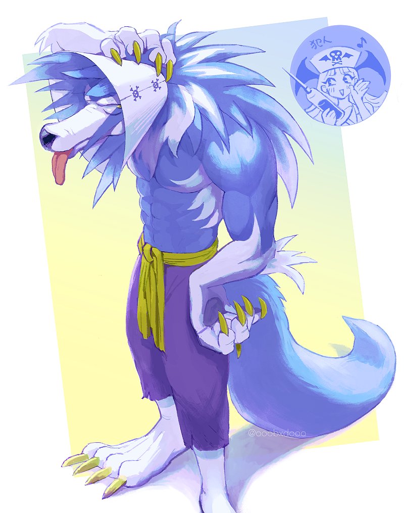 1boy, abs, belt, blue_fur, blue_hair, claws, closed_eyes, colored_tips, commentary, darkstalkers, demon_girl, dog_nose, furry, furry_male, hand_on_own_head, hand_on_own_hip, hat, holding, holding_syringe, jon_talbain, large_syringe, looking_at_another, mane, morrigan_aensland, multicolored_hair, muscular, muscular_male, musical_note, nurse_cap, ooobxdooo, oversized_object, pants, pectorals, pet_cone, purple_pants, simple_background, skull_and_crossbones, symbol-only_commentary, syringe, tail, tongue, tongue_out, topless_male, twitter_username, werewolf, wolf_boy, wolf_tail, yellow_belt